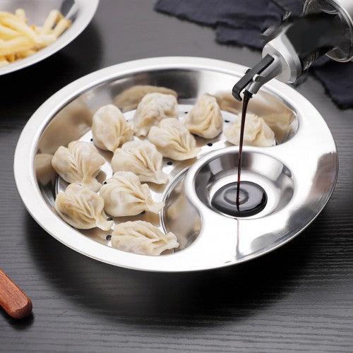 Multifunctional Stainless Steel Plate with Dipping Saucer Round Double-layer Water Oil Draining Tray 28cm - Toytexx Multifunctional Stainless Steel Plate with Dipping Saucer Round Double-layer Water Oil Draining Tray 28cm - Toytexx